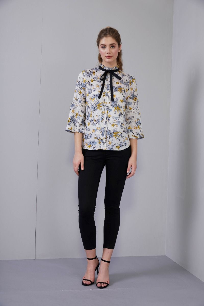 Flute Sleeves Printed Blouse