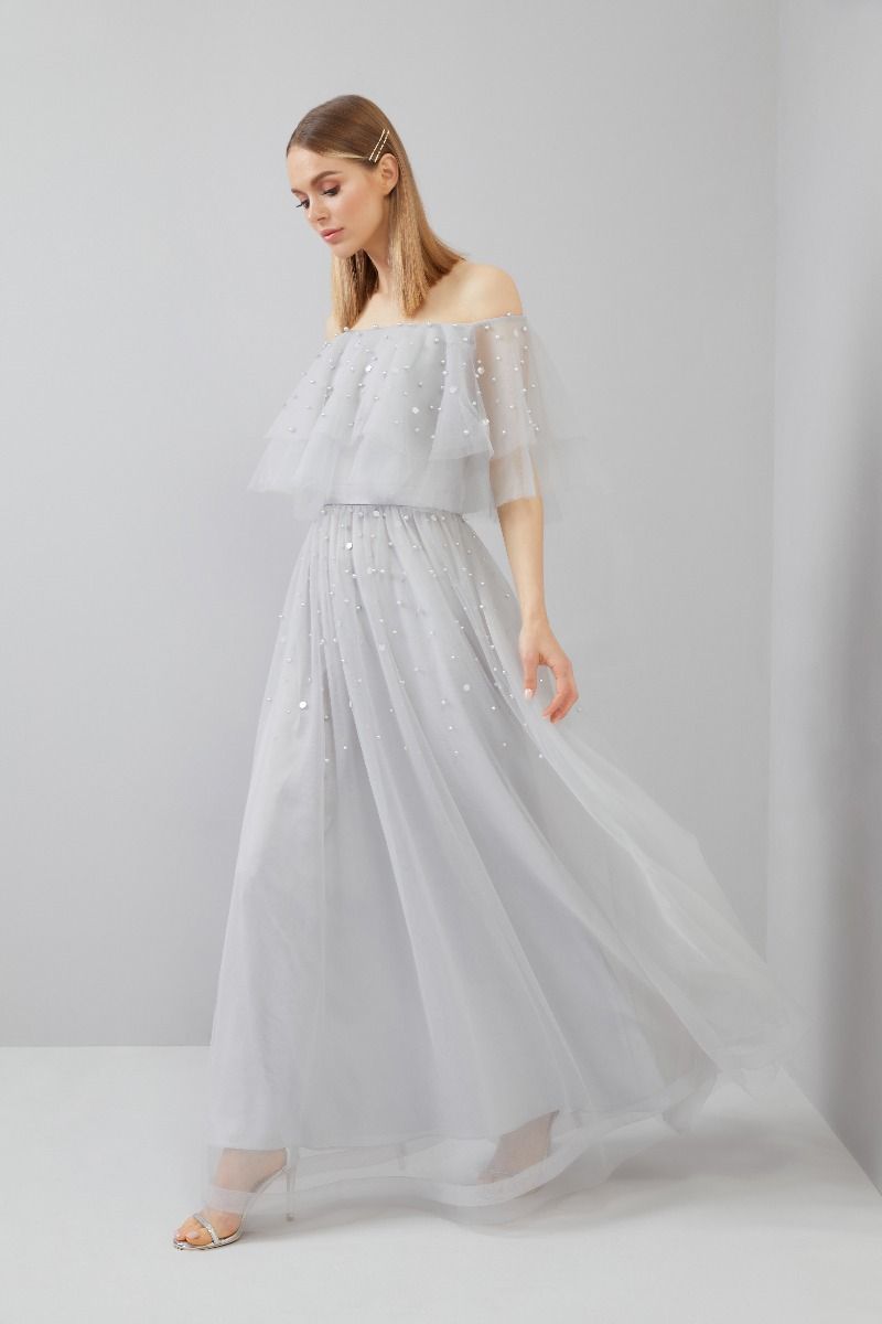 Long Off Shoulder Tulle Dress